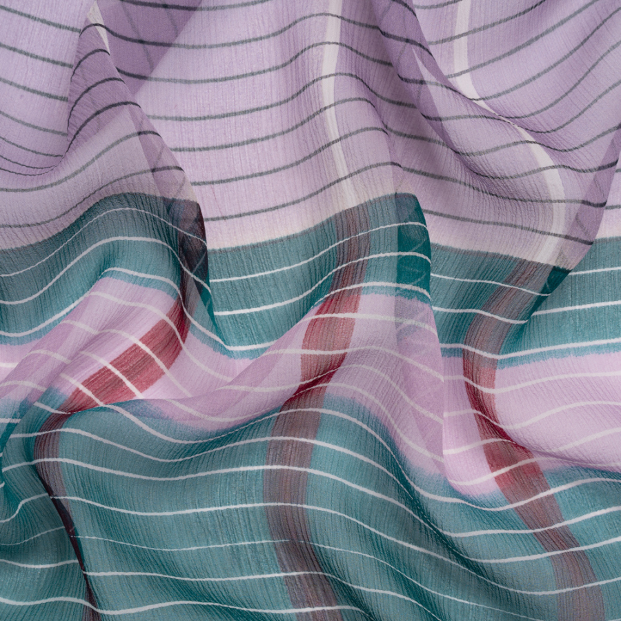 Teal, Lavender and Burgundy Stripes and Rectangles Crinkled Chiffon Panel | Mood Fabrics
