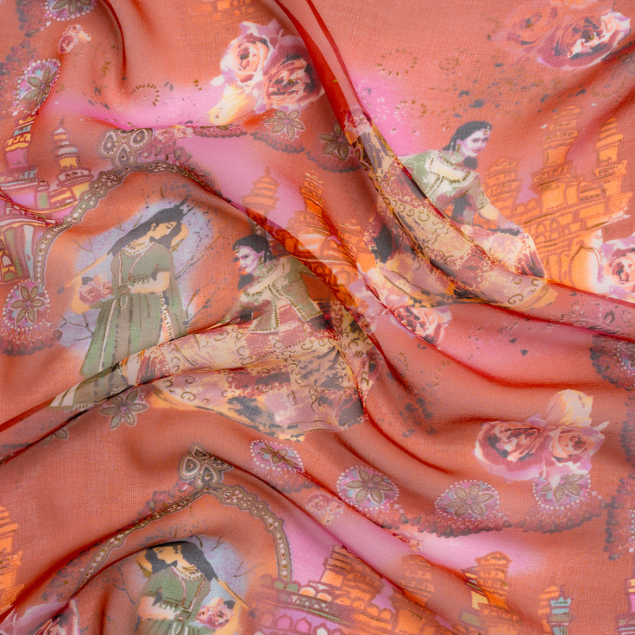 Pink, Orange and Green Vivid Traditions Silk Chiffon | Mood Fabrics