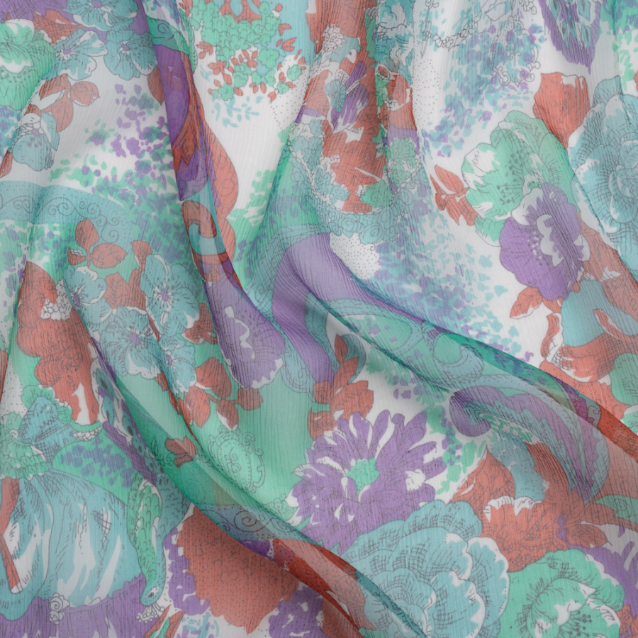 Mint, Purple and Turquoise Ornamental Gardens Crinkled Silk Chiffon | Mood Fabrics