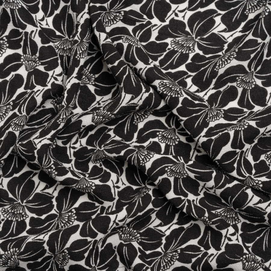 Famous Australian Designer Black and White Floral Rayon Crepe | Mood Fabrics
