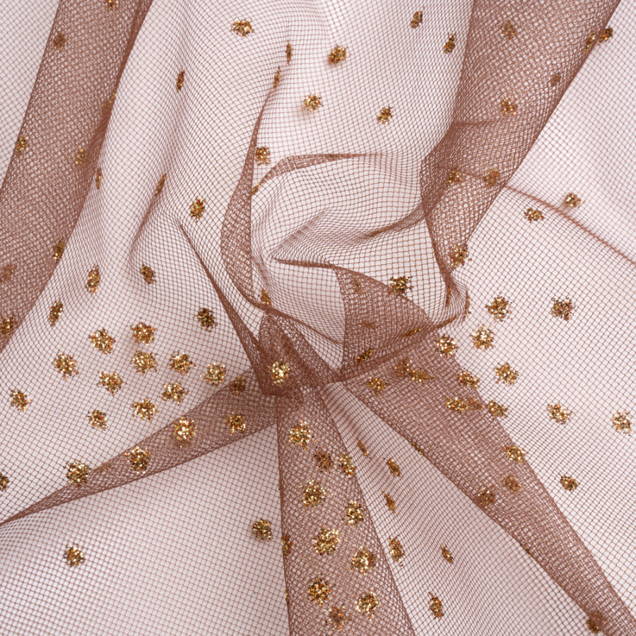 Famous Australian Designer Chocolate and Gold Glitter Spotted Polyester Tulle | Mood Fabrics