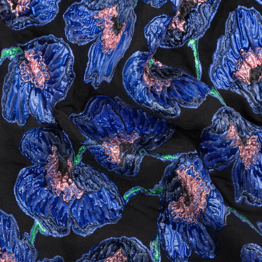 Carolina Herrera Metallic Blue, Green and Black Poppies Polyester and Nylon Brocade | Mood Fabrics