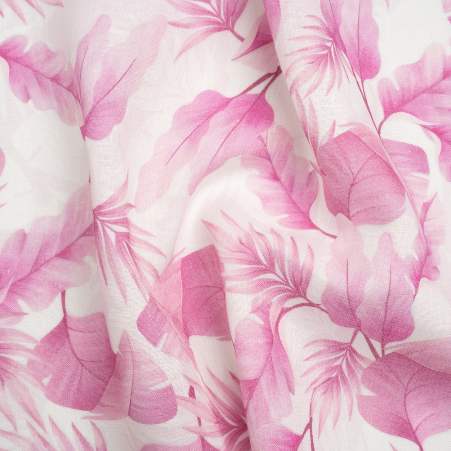 Pink and White Leaves Medium Weight Linen Woven | Mood Fabrics
