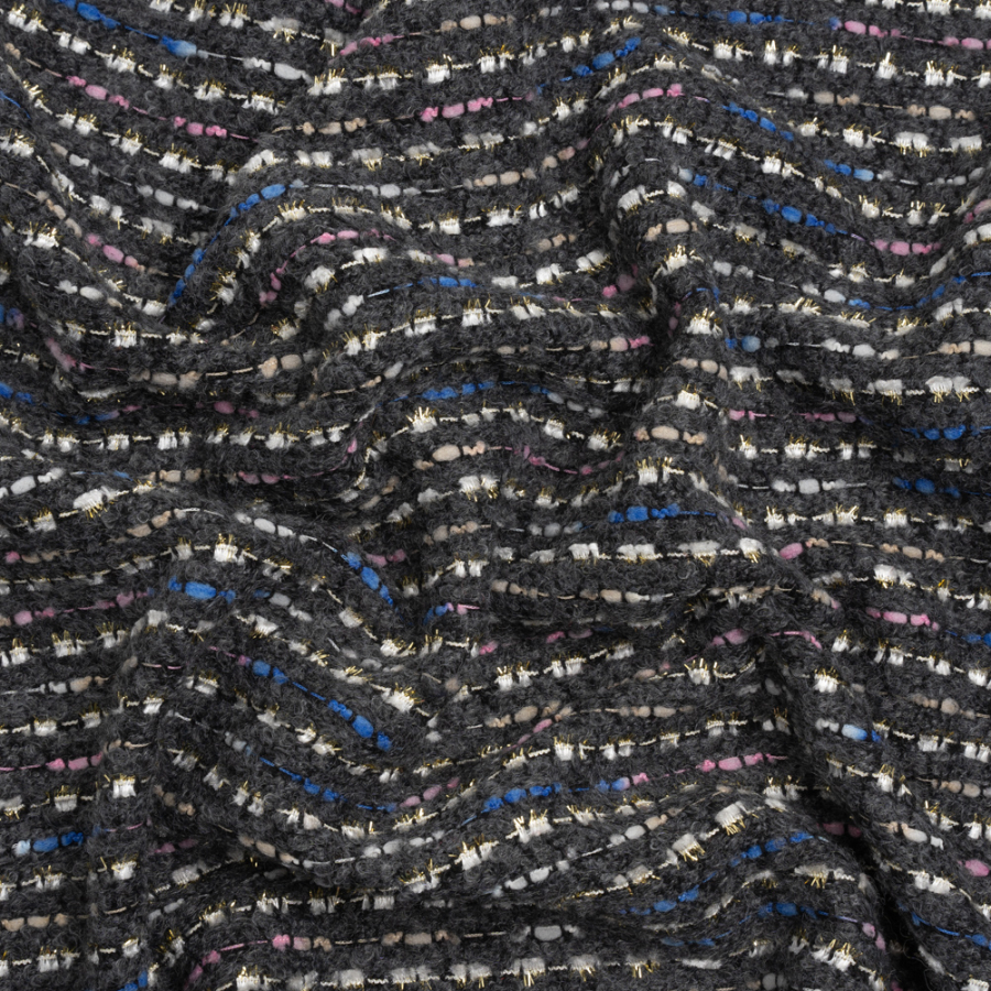 Charcoal, Pink and Blue Boucle Striped Acrylic Tweed | Mood Fabrics