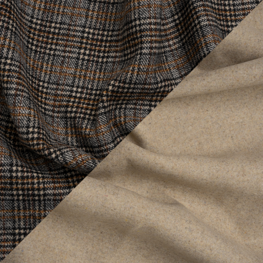 Beige, Tan and Black Glen Check Wool Blend Double Cloth Coating with Metallic Accents | Mood Fabrics