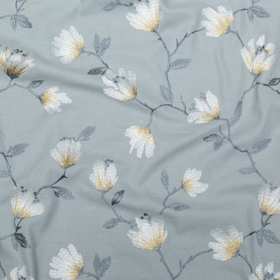 British Imported Sky Floral Embroidered Imitation Dupioni | Mood Fabrics