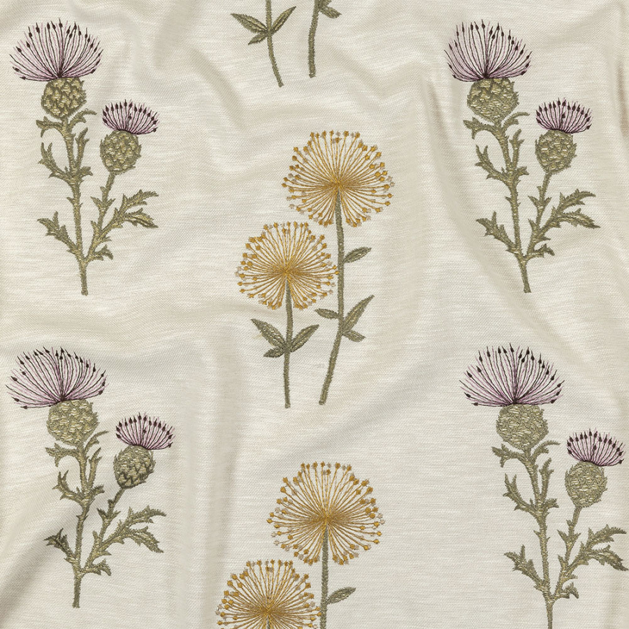 British Imported Heather Embroidered Dandelions Drapery Woven | Mood Fabrics