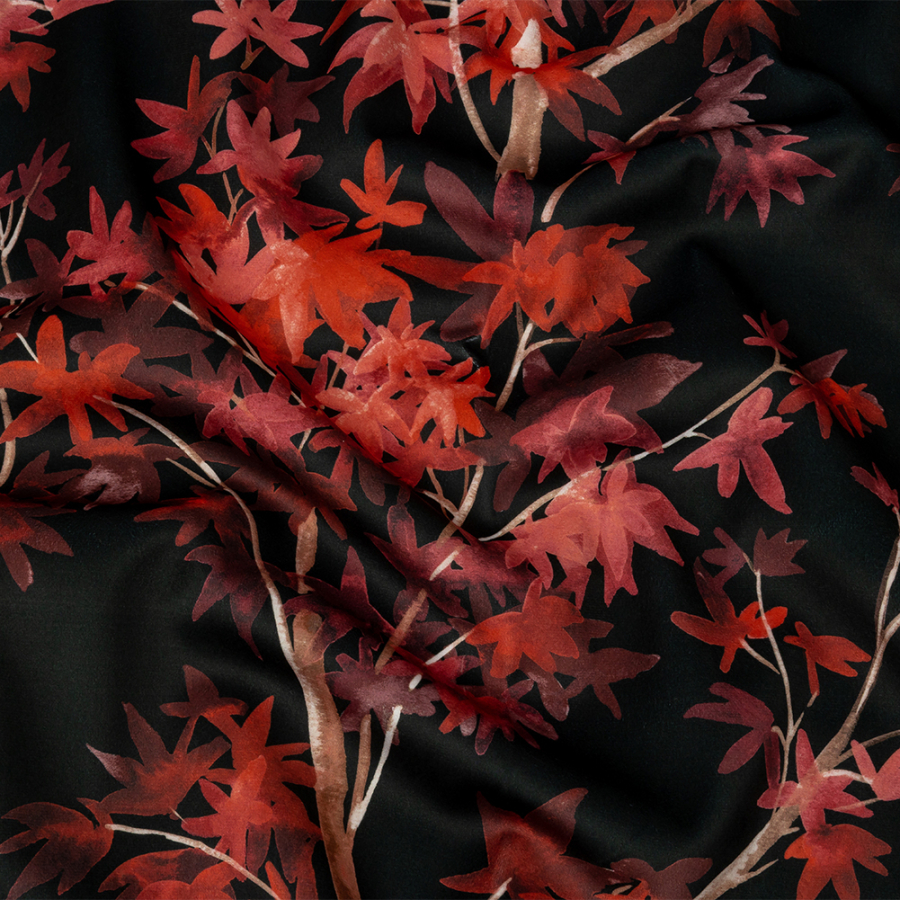 British Imported Scarlet Watercolor Tropical Branches Printed Polyester Microvelvet | Mood Fabrics