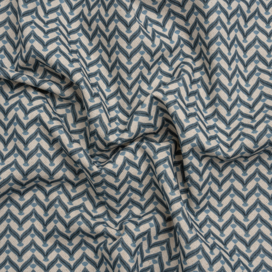 British Imported Indigo Leafy Chevrons Printed Cotton and Linen Canvas | Mood Fabrics