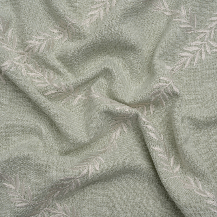 British Imported Duckegg Leafy Lattice Embroidered Slubbed Drapery Woven | Mood Fabrics