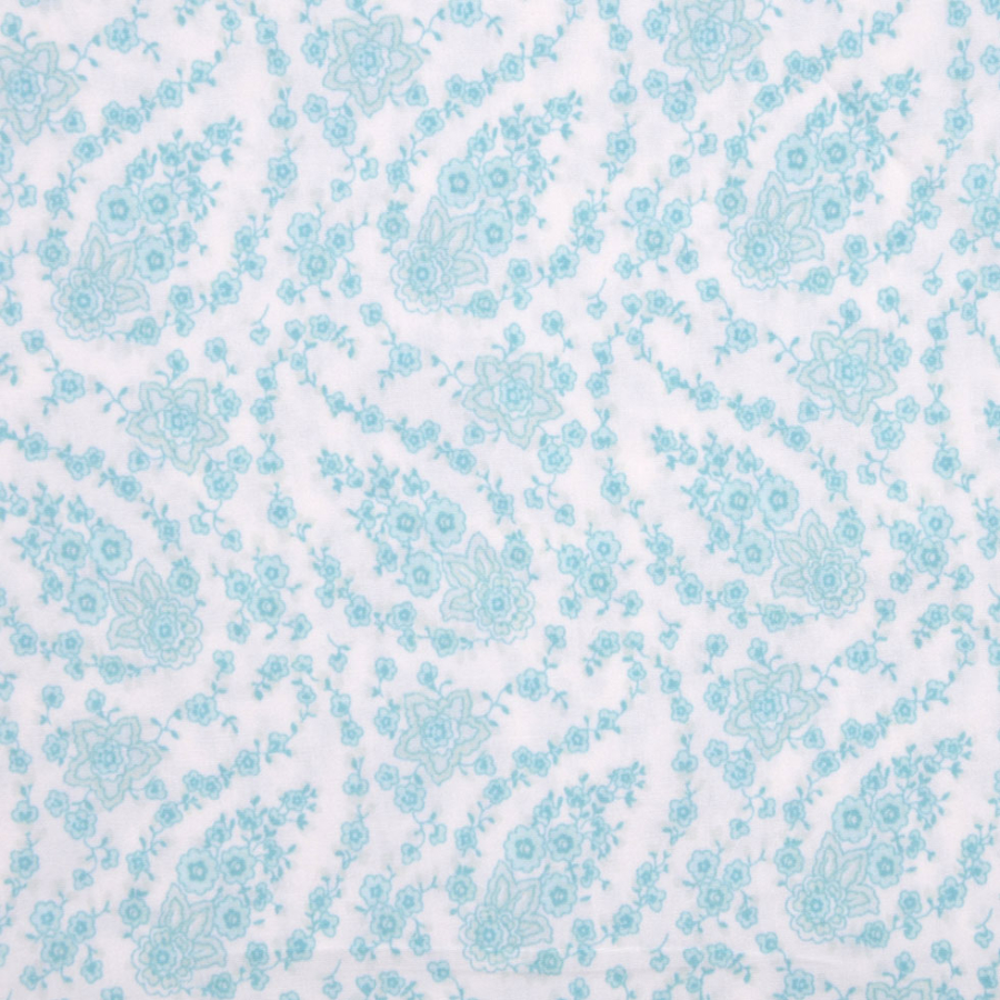 White/Aqua Paisley Stretch Cotton Poplin | Mood Fabrics