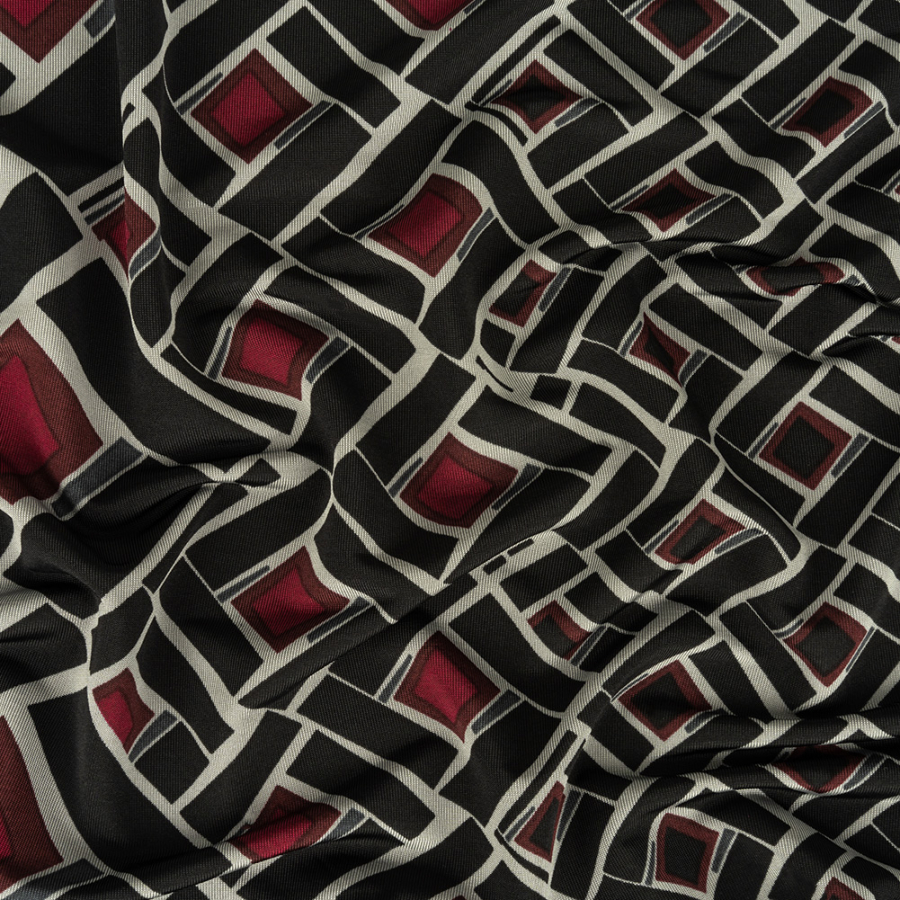 Black, Gray and Maroon Gradient Off Kilter Squares Stretch Rayon Jersey | Mood Fabrics