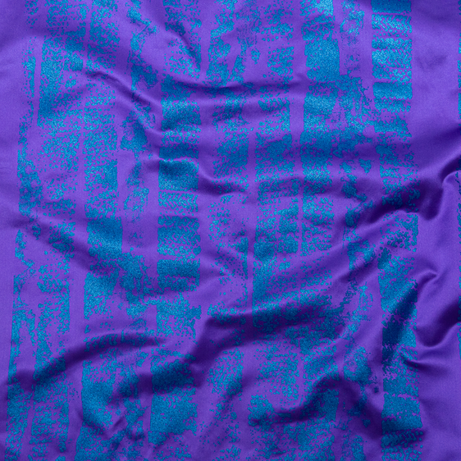 Purple Duchesse Satin with Space Cadet Striped Border Print | Mood Fabrics