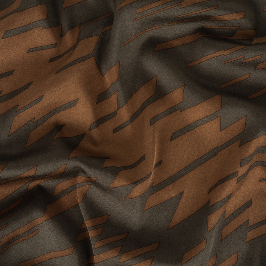 Brown and Charcoal Geometric Stretch Silk Satin | Mood Fabrics