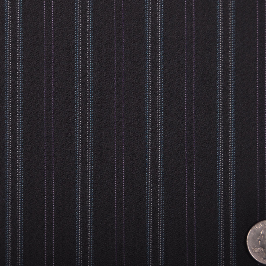 Italian Black, Mosaic Blue and Lavender Striped Stretch Rayon and Polyester Dobby Suiting | Mood Fabrics