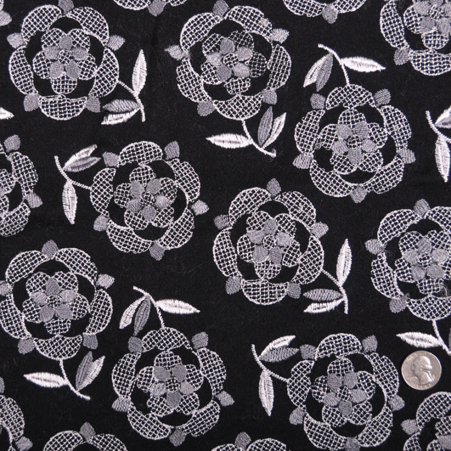 Italian Black/Pale Gray Floral Wool Flannel | Mood Fabrics