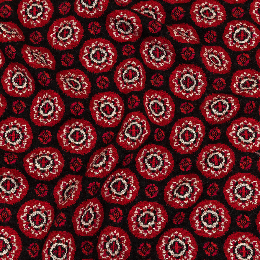 Italian Black  and Red Medallions Wool Blend Jacquard Knit | Mood Fabrics
