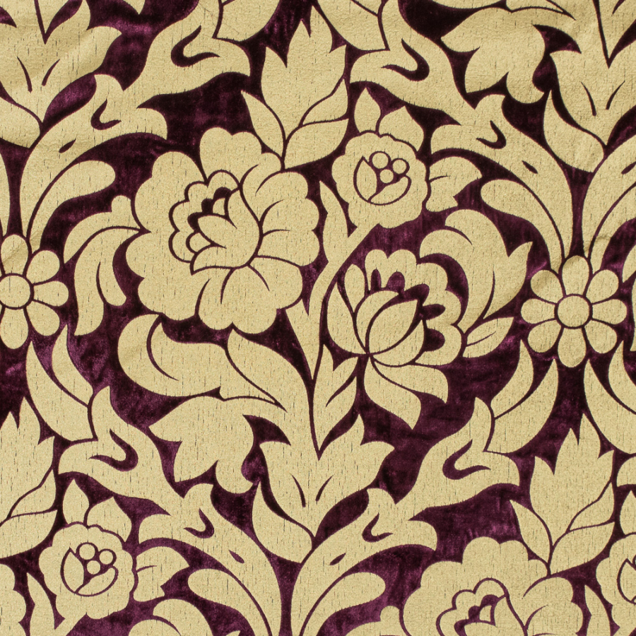Royal Purple Velvet with Royal Gold Foil Floral Design | Mood Fabrics