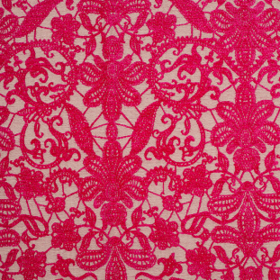 Hot Pink Polyester-Viscose Embroidered Woven