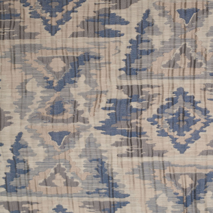 Indian Blue/Beige Ikat-Like Geometric Poly/Cotton Brocade