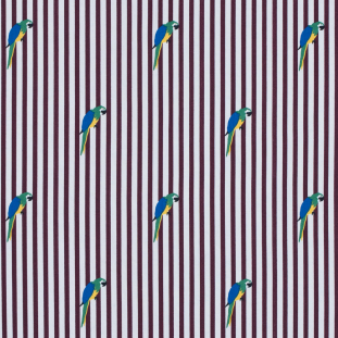 Burgundy Stripes and Parrots Printed on a Cotton Poplin