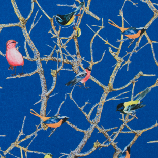 Birds and Branches Digitally Printed on a Blue Rose Jacquard