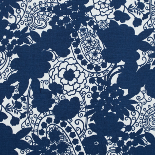 Navy and Ivory Floral and Paisley Printed Stretch Cotton Sateen