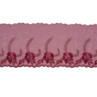 Wine Floral Embroidered Mesh with a Finished Edge - 7.5"