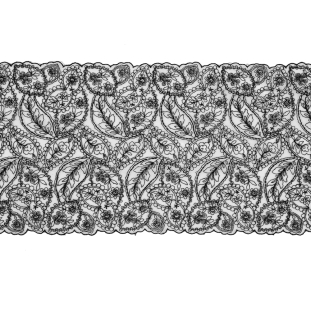 White Mesh Trim with Black Foliage Embroidery - 8"