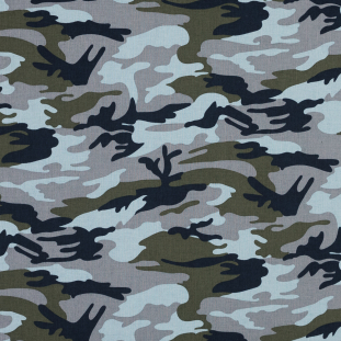 Navy, Gray and Olive Camouflage Stretch Cotton Poplin