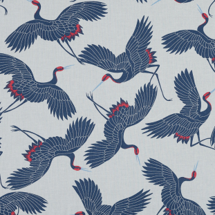 Navy, Red and White Crane Printed Cotton Voile