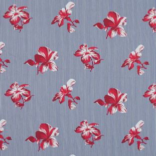 Red and Blue Floral Striped Cotton Poplin