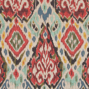 Red, Blue and Beige Chenille Ikat Brocade