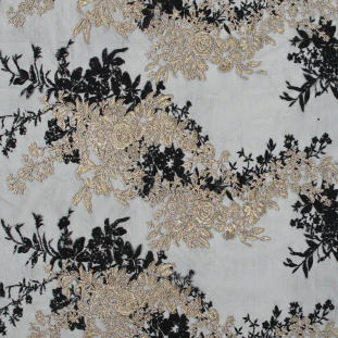 Fancy Black and Metallic Gold Floral Corded and Embroidered Lace with Single Scalloped Edge