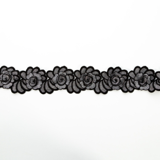 Italian Metallic Silver and Black 3D Embroidered Flower Trim - 3"