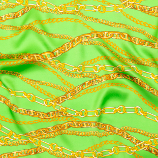 Mood Exclusive Italian Kelly Green and Gold Chains Digitally Printed Silk Charmeuse
