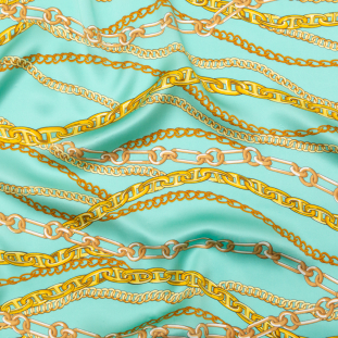 Mood Exclusive Italian Teal and Gold Chains Digitally Printed Silk Charmeuse