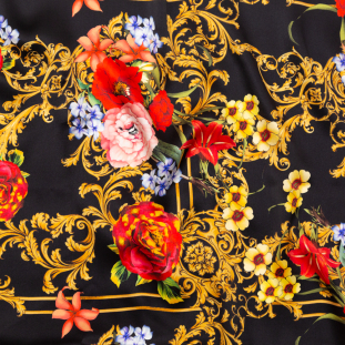 Italian Black, Faded Rose and Harvest Gold Ornate Floral Digitally Printed Silk Charmeuse