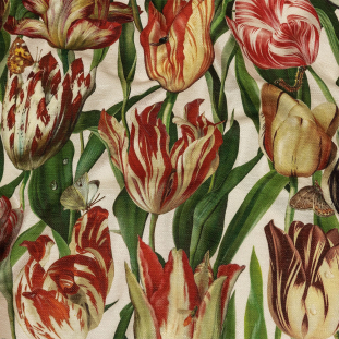 Red, Yellow and Green Tulips and Insects Printed Polyester Chenille