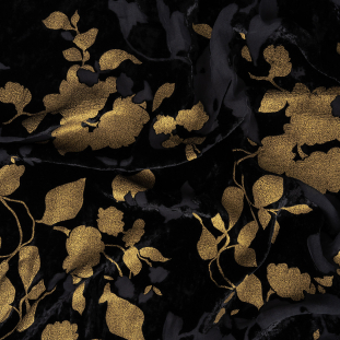 Black and Metallic Gold Foiled Floral Silk and Rayon Burnout Velvet
