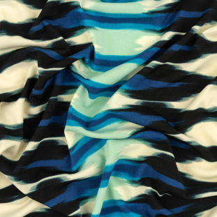 Cream, Blue and Black Geometric Ikat Printed Stretch Polyester Jersey