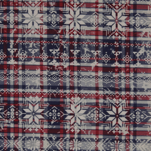 Red/Blue/Gray Snowflake Printed Plaid Stretch Cotton Twill