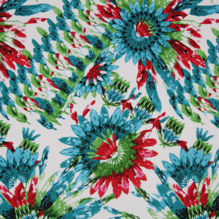 Teal/Green/Red Feather Printed Stretch Cotton Twill