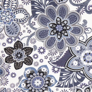 Blue/Gray/White Floral Stretch Cotton Sateen