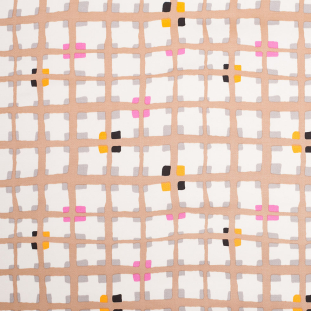Cream and Brown Geometric Squares Stretch Cotton Woven