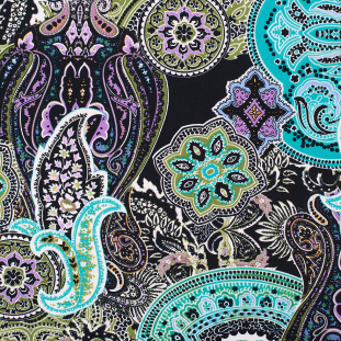 Turquoise/Purple/Black Paisley Stretch Polyester Jersey