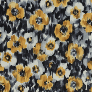 Yellow and Gray Abstract Floral Washed Silk Crepe de Chine