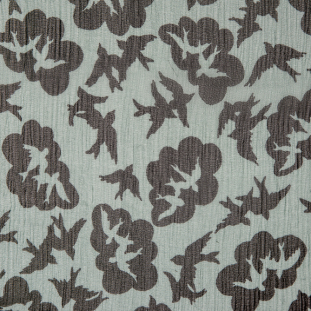 Famous Designer Green/Black Turtledoves Printed on a Crinkled Silk Chiffon