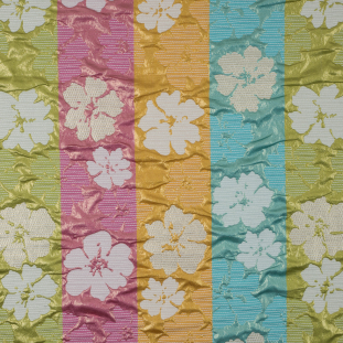 Metallic Green/Blue/Pink/Yellow Hawiian Floral Polyester Brocade