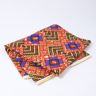 Mandarin Orange and Purple Waxed Cotton African Print with Gold Metallic Glitter